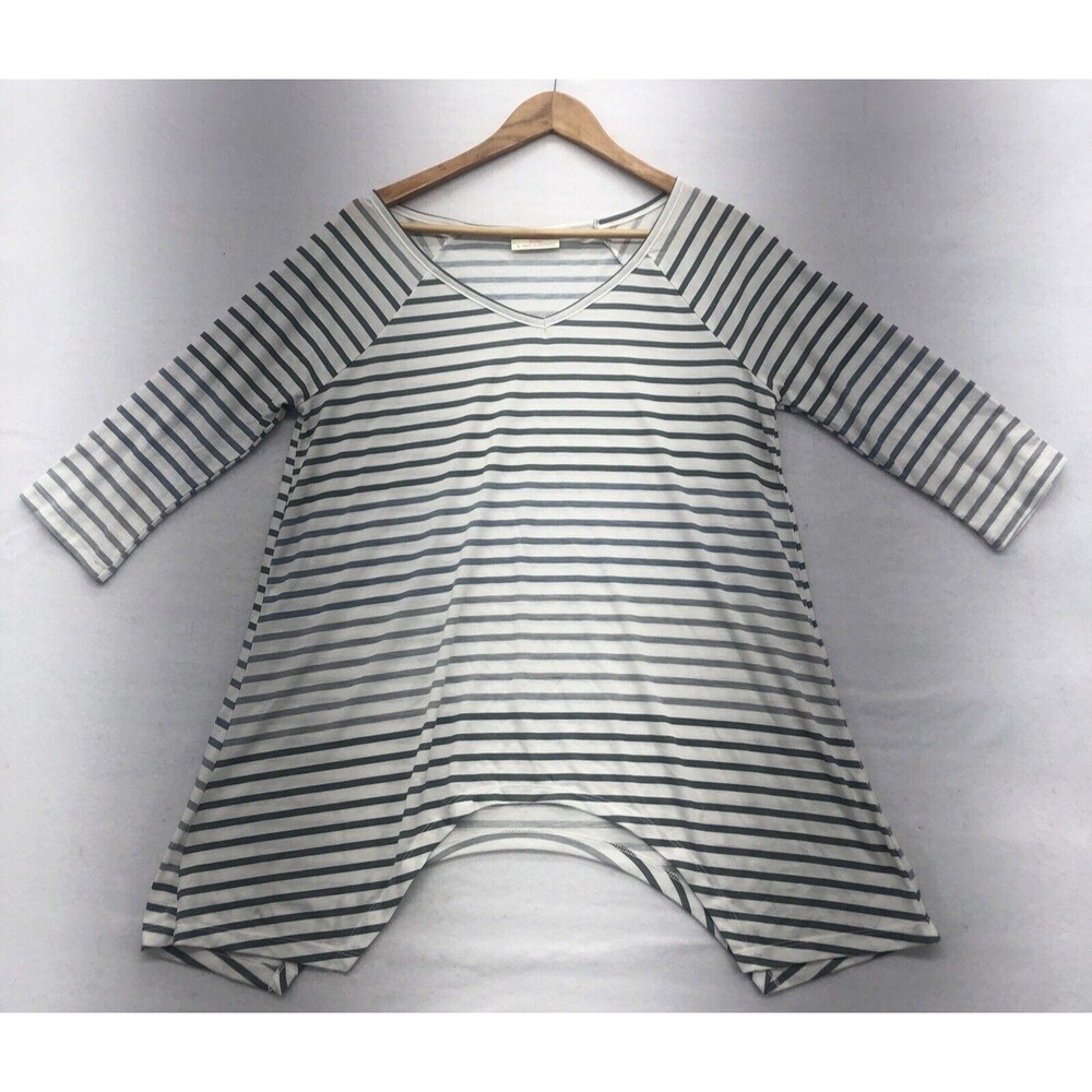 Bobbie Brooks Womens Top Size Large Striped White Gray Flare 3/4 Sleeve